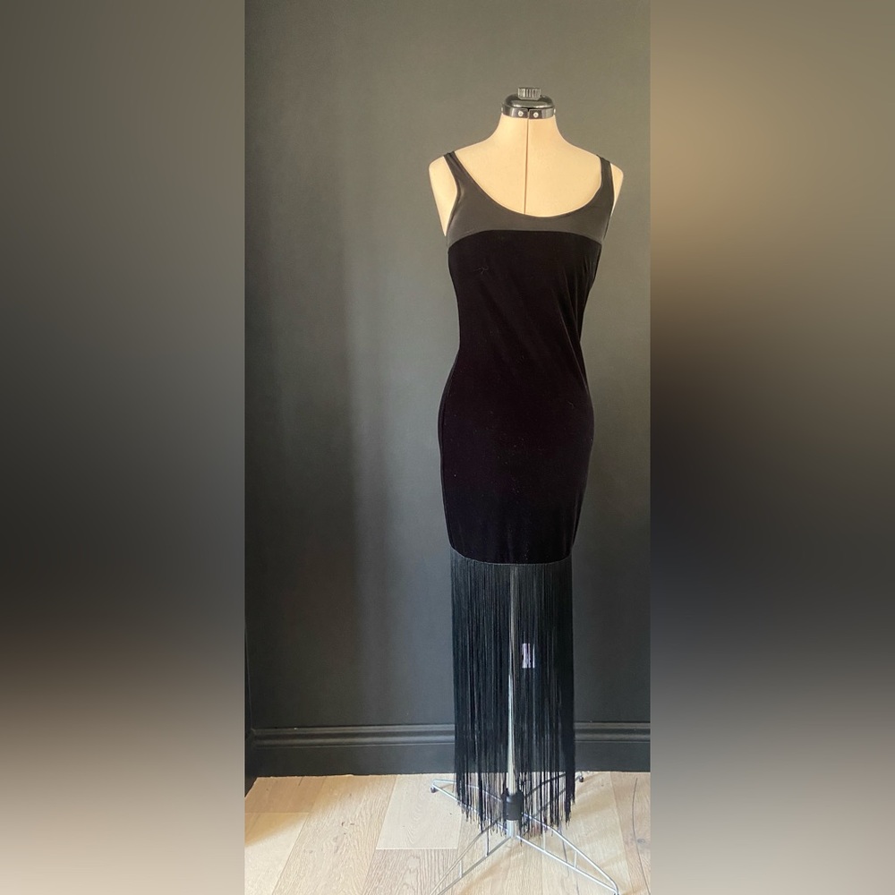 Vintage velvet black fringe dress